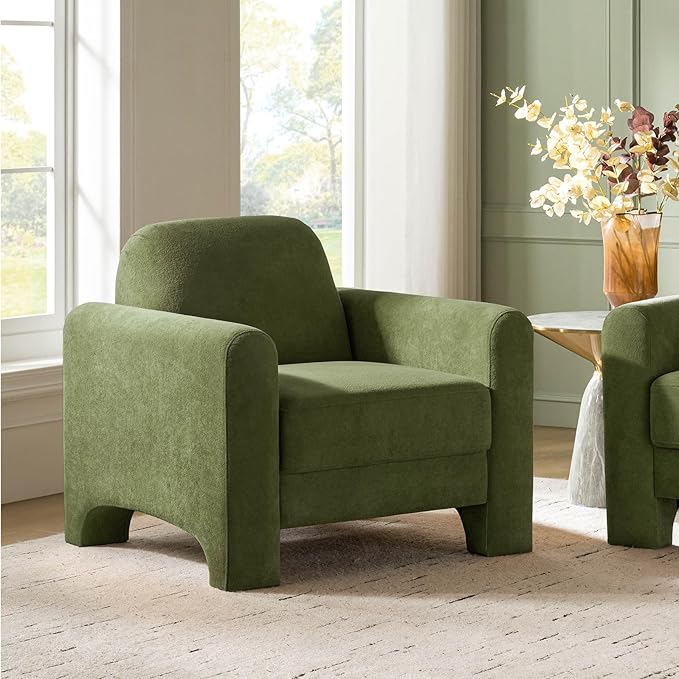HULALA HOME Modern Curved Accent Club Chair Chenille Armchair Upholstered Sofa Chair with Wrapped Armrests Comfy Reading Armchair for Living Room Easy Assembly Olive