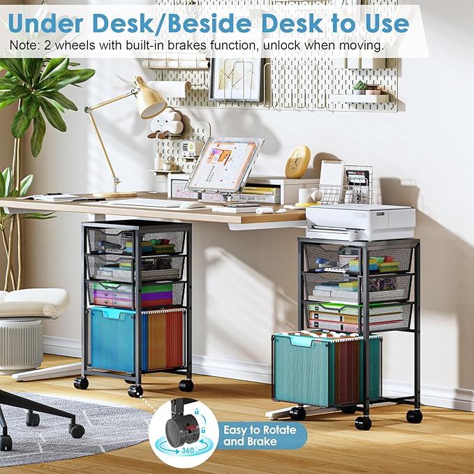 4 Drawers Rolling File Cart Under Desk Mobile Filing Cabinet with Wheels File Cabinets for Home Office Hanging File Folder Organizer Utility Craft Cart Printer Stand Black