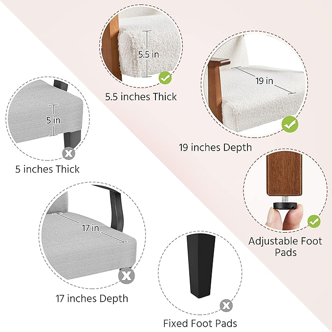 Yaheetech Fabric Accent Chair Mid-Century Modern Armchair with Solid Wood Legs Reading Leisure Chair with High Back for Living Room Bedroom Waiting Room Set of 2 Ivory