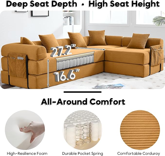 Oversized Modular Cloud Couch for Living Room Corduroy L-Shaped Sectional Sleeper Sofa Bed with Fixed-Shape Frame Modern Boneless Couch with Pillows &amp Storage Yellow