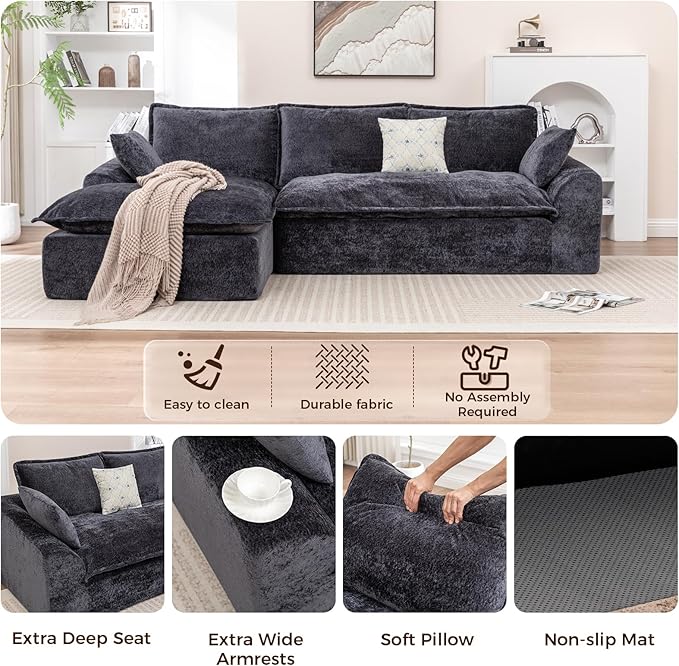 103”Modular Sectional SofaUpholstered Boneless Couch for Living Room BedroomModern Modular L-Shaped Chaise CouchCloud Sectional Sofa with Deep Seat (BlackLeft Facing Chaise)
