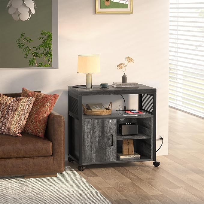 Unikito Rolling File Cabinet Lateral Office Filing Cabinets with Socket and USB Charging Port Modern Printer Stand on Wheels Printer Cabinet with Door and Open Storage Lockable Black Oak