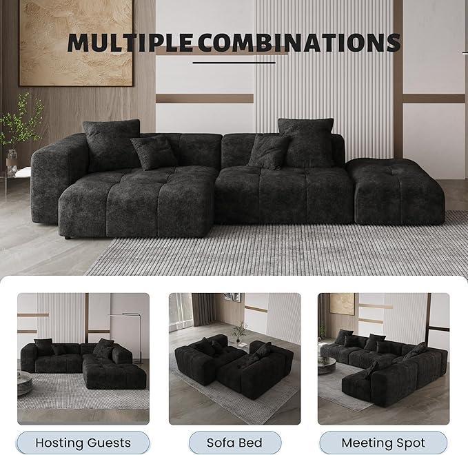 WJShome 119 L Shaped Sectional CouchModern Modular Sofa with OttomanLinen Deep Loveseat with Pillows Couches for Living Room Bedroom and ApartmentBlack