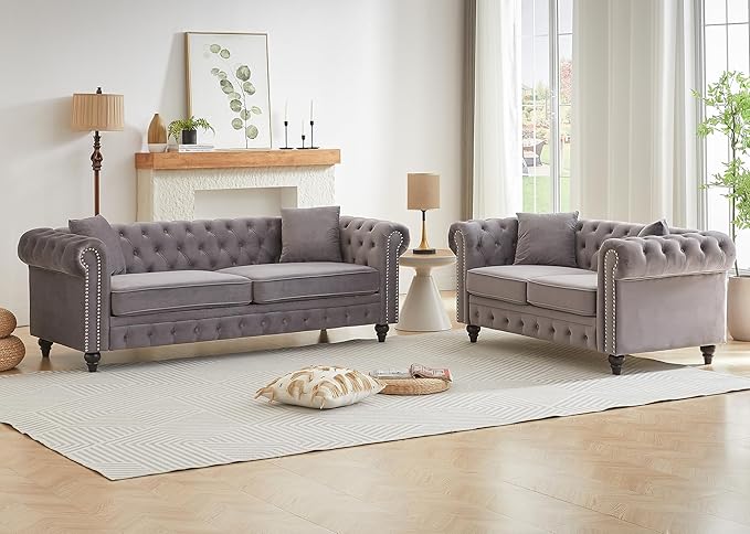 2 Piece Living Room Sofa Set Velvet Button Tufted Couch and Loveseat Set with Nailhead Trim&ampRoll Armrests Mid Century Modern Chesterfield Sofa for Living Room Office(Loveseat+3 Seater Light Gr