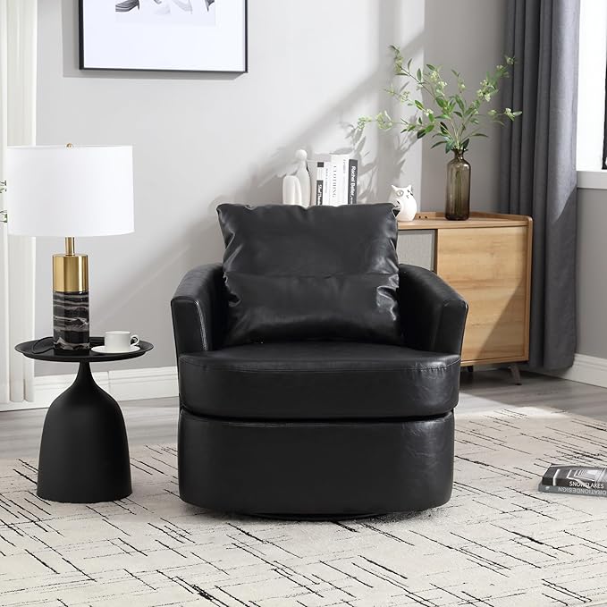 Swivel Barrel Chair Comfy Round Accent Sofa Chair for Living Room 360 Degree Swivel Barrel Club Chair Leisure Arm Chair for Nursery Hotel Bedroom Office Lounge (Black PU)
