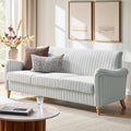 HULALA HOME Farmhouse Curved Couch with Stripe Pattern 3 Seater Sofa with Solid Wood Spindle Legs and Rolled Wide Armrests Comfy Upholstered Sofa for Living Room Bedroom Blue
