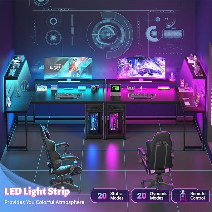 EnHomee 52.2'' Gaming Desk with LED Lights &amp Fabric Drawer L Shaped Computer Desk with Ergonomic Monitor Stand Reversible Office Desk with Hutch &amp Power OutletCorner Desk with HooksBlack