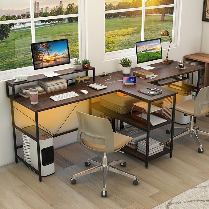 Tangkula 2-Person Reversible Computer Desk with LED Lights 94.5” Long Office Desk with Power Outlets Monitor Stand Keyboard Tray &amp 2 Storage Shelves Double Desk for Gaming Working Writing (Wal