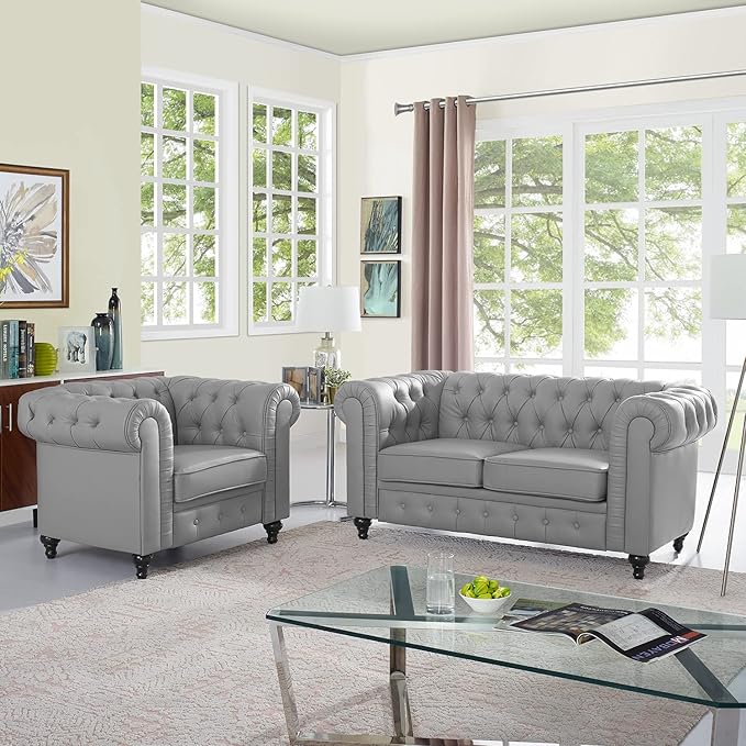 Naomi Home Emery Chesterfield Love Seat Loveseat Sofa &amp Accent Chair with Rolled Arms Tufted Cushions Solid Wooden Legs Deep Seating Comfy Bedroom Living Room Reading Chair/Tool-Free Assembly – G