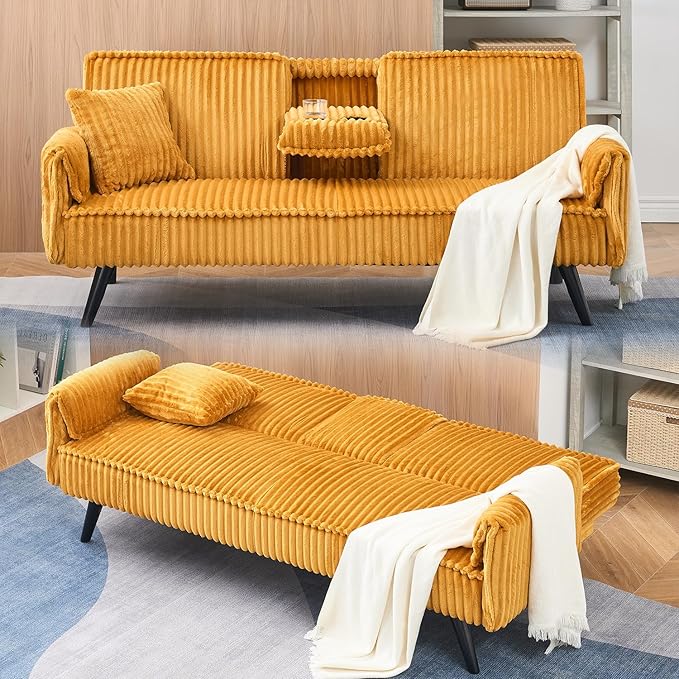 Convertible Folding Futon Sofa Bed with Metal Legs &amp 2 Cupholders Modern New Upholstered Couch Loveseat Sleeper Folding Couches Bed Removable Armrests for Small Spaces (Orange New)