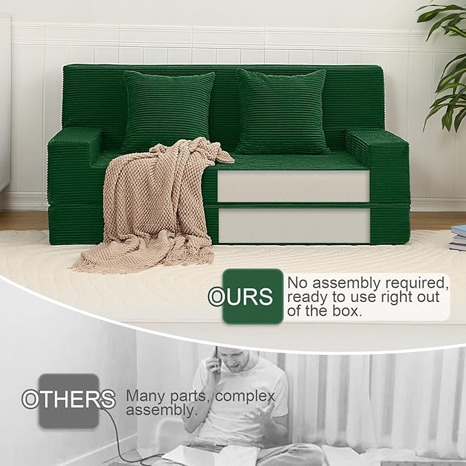 MeMoreCool Corduroy Loveseat Sleeper Sofa – Green Boneless Fold-Out Couch Bed with Foam Core Convertible Floor Futon with Pillow &amp Washable Cover for Small Spaces Bedroom Guest Room