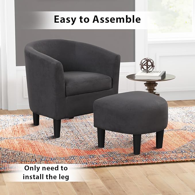 INZOY Modern Accent Chair with Ottoman for Small Space Club Chair with Ottoman Set Comfy Fabric Barrel Reading Chairs for Living Room Bedroom Round Reading Chair with Foot Rest Dark Grey