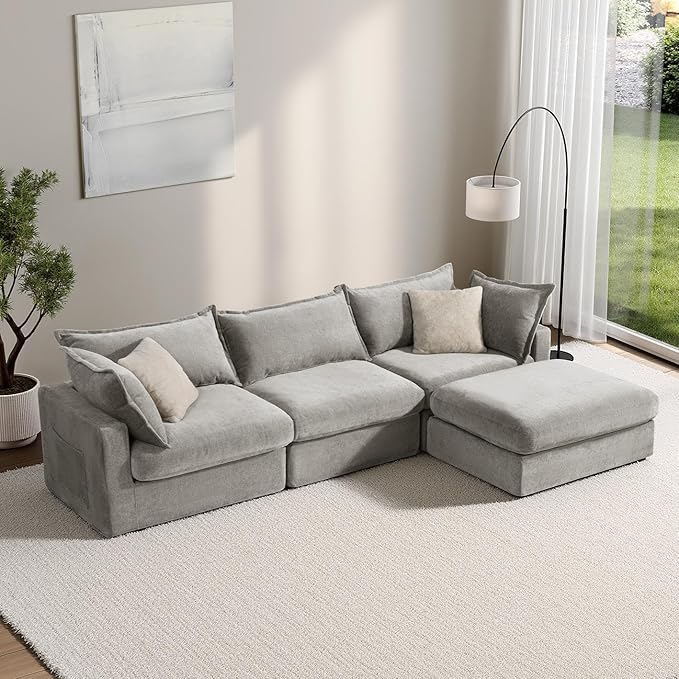 118.5 Modular Sectional Sofa Down Filled Cloud Couch with Storage Ottoman Oversized L Shaped Couch with 2 Pillows 4 Seats Sectional Couches for Living Room Apartment Light Grey
