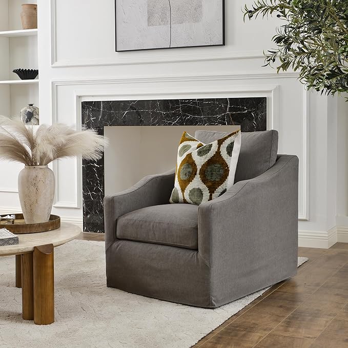 KINWELL 28 Wide Upholstered Down Fill Slipcovered Swivel Barrel Chair Modern Comfy Swivel Accent Chair with Pillow Back for Living Room Bedroom Fully Assembled (Slate Gray)