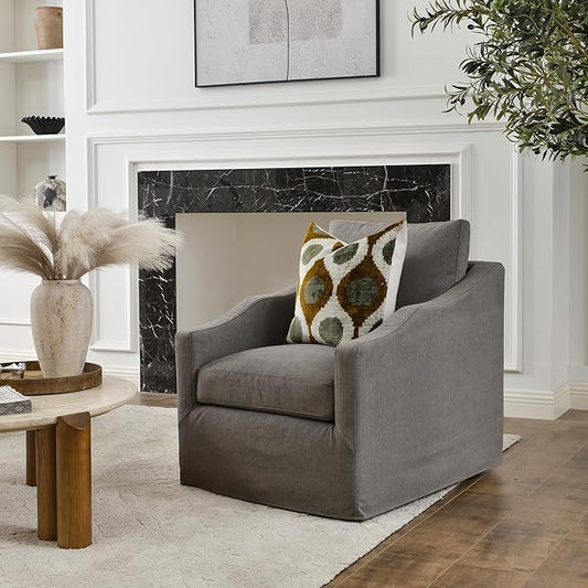 KINWELL 28 Wide Upholstered Down Fill Slipcovered Swivel Barrel Chair Modern Comfy Swivel Accent Chair with Pillow Back for Living Room Bedroom Fully Assembled (Slate Gray)