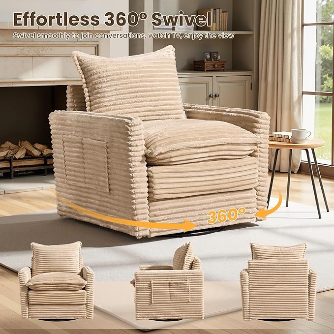 Swivel Accent Chair Set of 2 Modern Sofa Chairs for Living Room Plush Upholstered Cloud Chair with Double Layer Thick Cushions Bedroom Reading Nook Armchair Beige