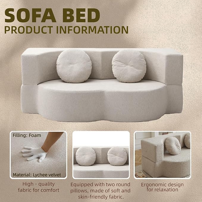 76 Convertible Folding Sofa Bed 2-in-1 Twin Size Loveseat Sleeper Couch Bed with Two Pillows Foldable Space-Saving | Design for Dorms Apartments Bedroom&amp Living RoomNo Assemble(Khaki)