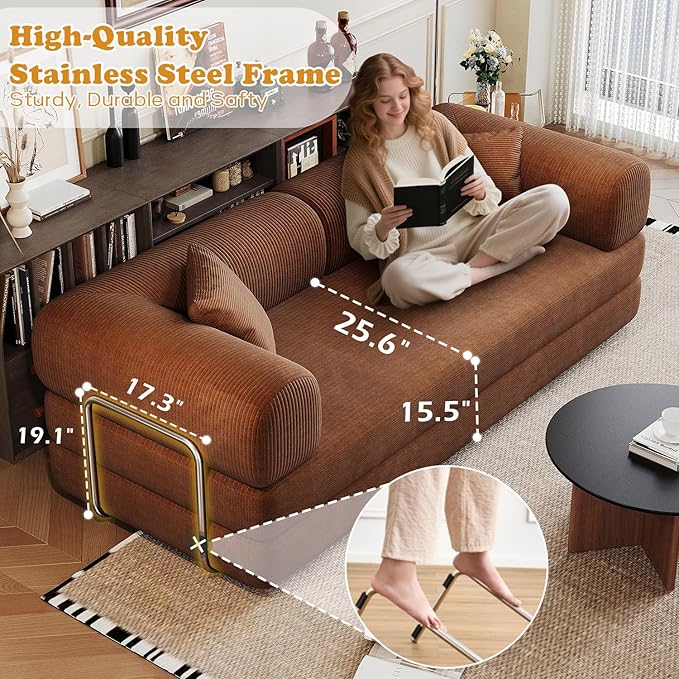 78.8 Modern Convertible Floor Sleeper Sofa Bed Corduroy Modular Boneless Couch with Silver Fixed-Shape Frame No Assembly Futon Cloud Loveseat with Pull-Out Bed for Living Room (Brown)