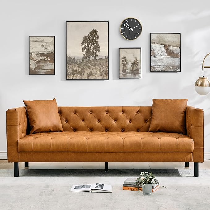 81 Button-Tufted Leather Sofa Mid-Century Modern Chesterfield 3 Seater with Deep Seat and 2 Pillows Ideal Leather Couch for Living Room Apartment and Office Use (Cognac Tan)