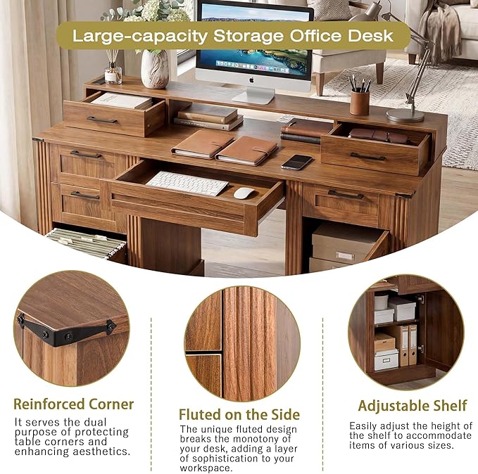 59'' Farmhouse Desk with 5 Drawers &amp Charging Station Wood Executive Desk with Storage Cabinet &amp Keyboard Tray White Computer Desks with Monitor Stand for Home Office (Walnut 59 × 35)