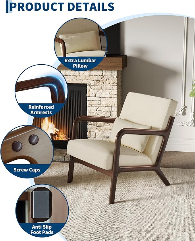 GarveeHome Mid-Century Accent Chair Cozy Chenille Reading and Lounge Armchair with Lumbar Pillow Modern Wood Frame for Living Room Bedroom Office Beige