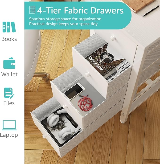 Lufeiya Small White Desk with Drawers for Bedroom 40 Inch Kids Girls Study Desks Reversible Computer Writing Nail Table with Fabric Drawer for Small Spaces Home Office Manicure