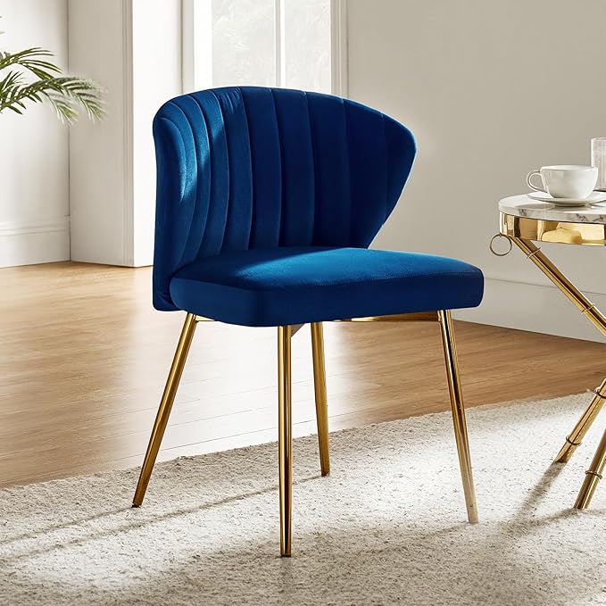HULALA HOME Velvet Dining Chairs Modern Small Armless Accent Chair with Gold Metal Legs Living Room Upholstered Cute Side Chair Elegant Tufted Back Vanity Chair for Bedroom/Beauty Room-Navy