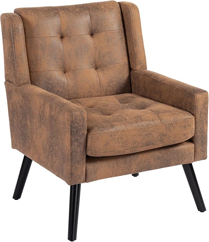 Mid-Century Modern Accent Chair Plush Suede Fabric with Button Tufted High Back &amp 5 Thick Cushion High Comfort Reading Chair for Living Room Bedroom Office (Brown)
