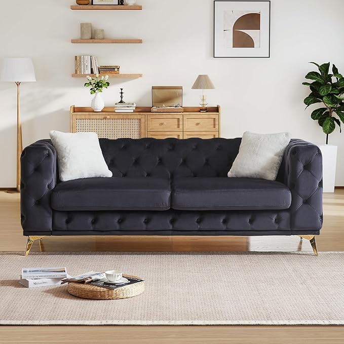 Mid Century Modern Couch82W Luxury Upholstered Velvet Oversized Loveseat Couch with Button Tufted &amp Gold Legs Deep Seat Comfy Chesterfield Sofa for Living Room Bedroom Office(3 Seater Black)