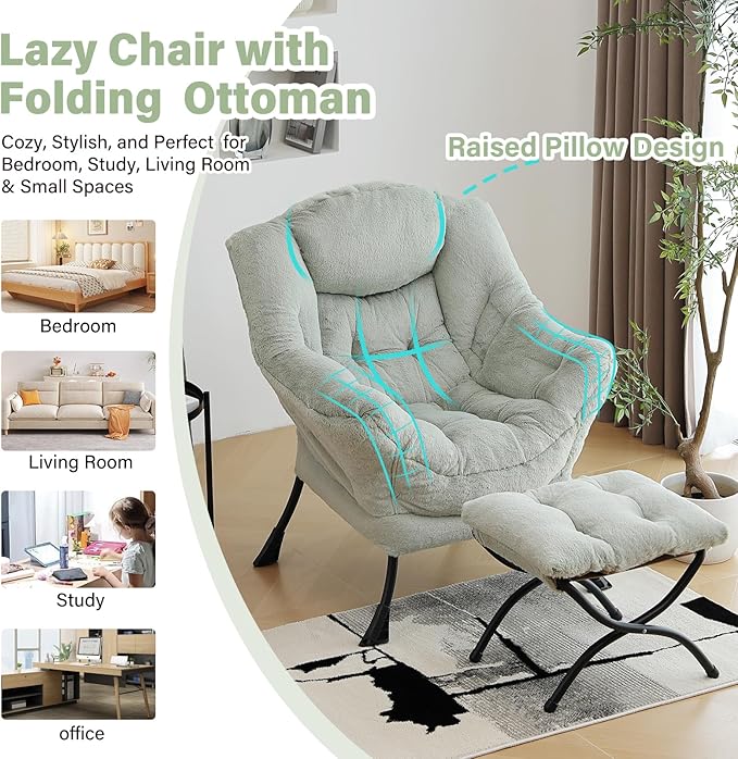 Lazy Chair with Ottoman Modern Accent Chair with Armrests and a Side Pocket Plush Green Accent Chairs Reading Chairs Oversized Armchairs for Bedroom Study Living Room Courtyard