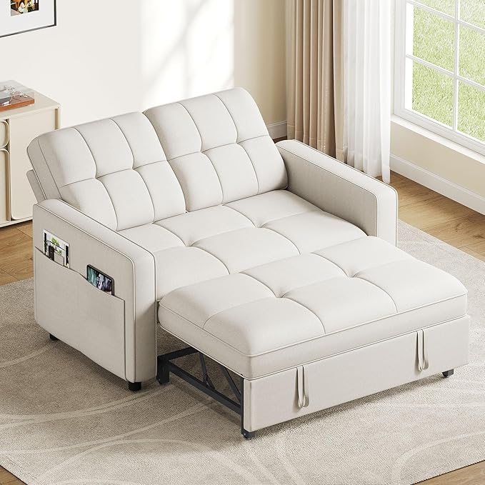 YITAHOME 55 Convertible Sofa Bed 3-in-1 Sleeper Sofa with Iron Frame Pull-Out Bed Linen Futon Couch with Reclining Backrest and Side Pocket Modern Loveseat for Living Room Bedroom Apartment Beige