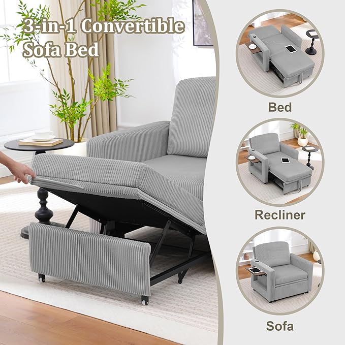 3 in 1 Folding Convertible Sleeper Sofa Bed Pull Out Couch with Side Pockets USB Port Side Table Single Sofa Bed with Adjustable Backrest for Living Room Bedroom 66 LIGHTGREY 1 SEAT