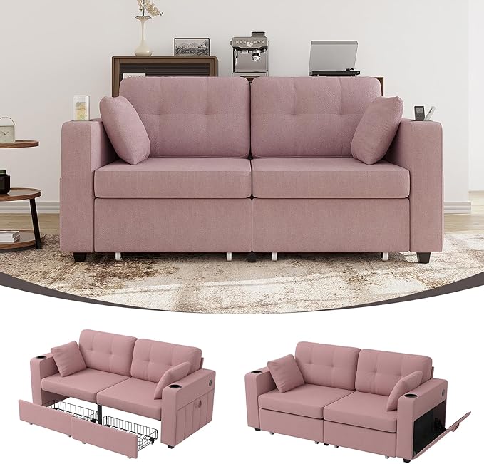 67 Small Loveseat Couch with Storage USB Charging and Cup Holder Space Saving Furniture Modern Chenille Love Seat Sofa Small Couches for Small Spaces Bedroom Apartment Pink