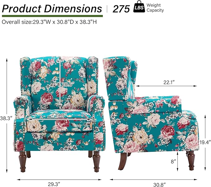 Floral High Back Accent Chair Upholstered Armchair with Solid Wood Legs Comfy Wingback Reading Single Sofa Chair for Small Spaces Living Room Bedroom(Floral Peacock Blue Set of 2)