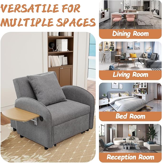 3-in-1 Convertible Sleeper Chair Pull Out Bed for Adults Fold Out Chair &amp Single Sofa Bed with USB Port &amp Foldable Table Pillow Adjustable Backrest for Dorm/Bedroom (Grey)
