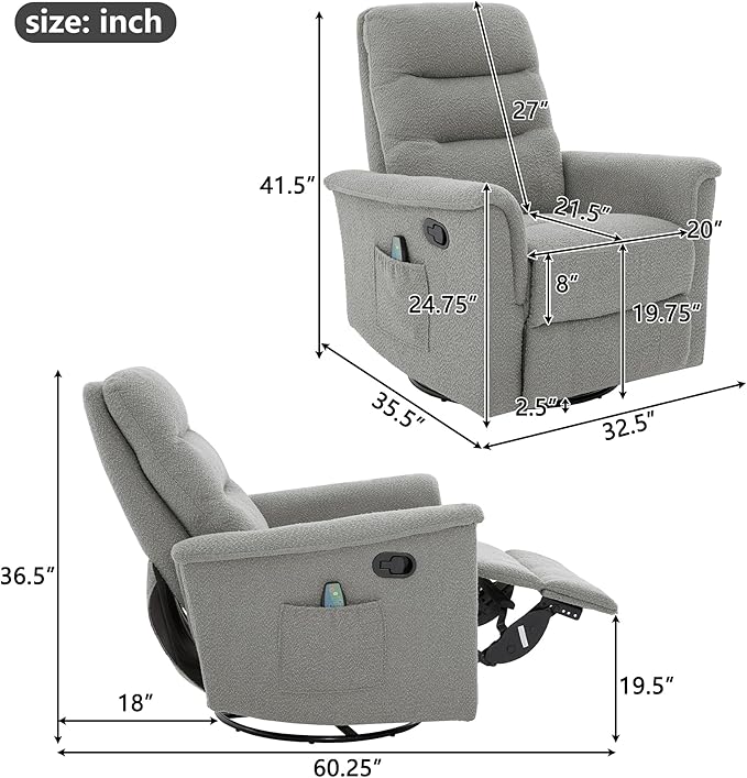 Manual Recliner Chair with Two Adjustable Positions Rocking and Swivel Recliner Rocking Recliner Massage Recliner with 8-Point Massage Function and Adjustable Backrest for Living Room (Grey15)