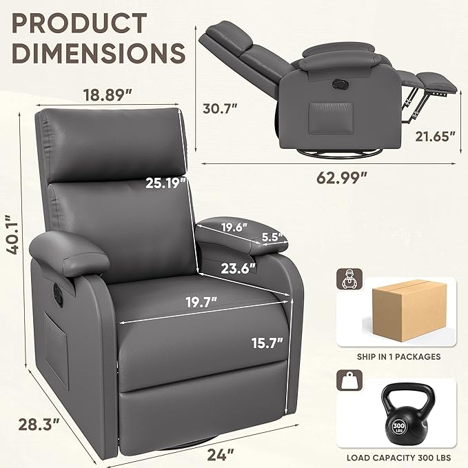 Homall Recliner Chair 360 Swivel Rocking Chair for Adults Massage Nursery Chair with Adjustable Backrest and Footrest PU Leather Glider Rocker Recliners with Side Pocket for Living Room (Grey)