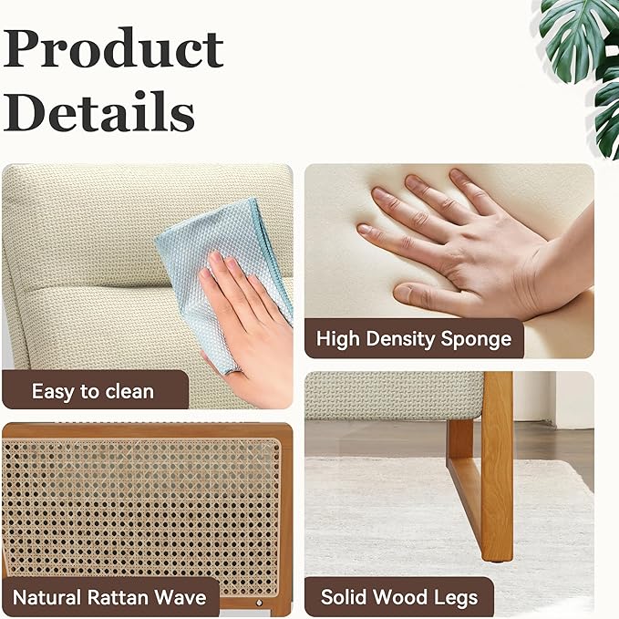 HAOBO Home Modern Accent Chair Linen Upholstered Armchair Living Room Chairs with Rattan Armrest Lounge Side Chairs Office Chair Beige