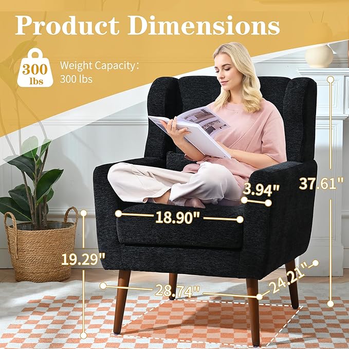 Modern Accent Chair Upholstered Armchair with Pillow Fabric Single Sofa Chair with Lounge Seat Solid Wood Legs Accent Chair for Living Room Bedroom Small Spaces(Black)