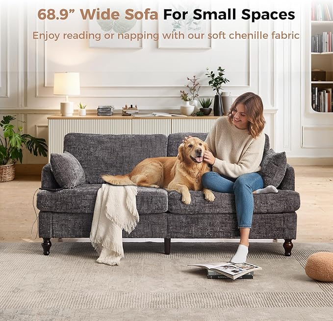 69 Loveseat Couch 2-Seat Upholstered Sofa Couch Mid-Century Modern Tufted Sofa with USB Charger LED Lights and Side Pocket Chenille Fabric Couches for Living Room Apartment (Gray)