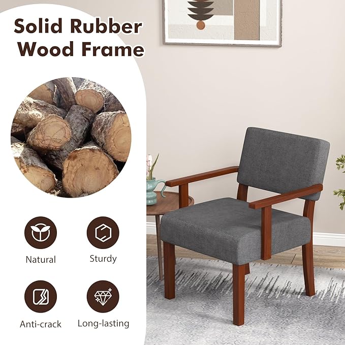 Giantex Mid Century Modern Accent Chair - Linen Living Room Arm Chair w/Soft Padded Seat &amp Backrest Rubber Wood Frame Upholstered Reading Chair for Living Room Bedroom Reception Grey