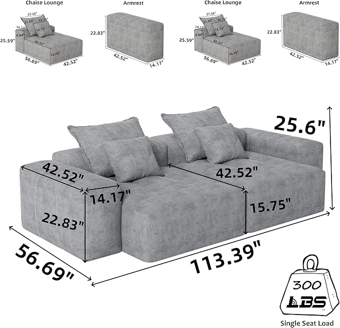 113'' Cloud Couch Modular Sectional Sofa Oversized Loveseat Compression Boneless Sofa with Deep Seat Chenille Sleeper Chaise Longue Minimalist Couches for Living Room Blue