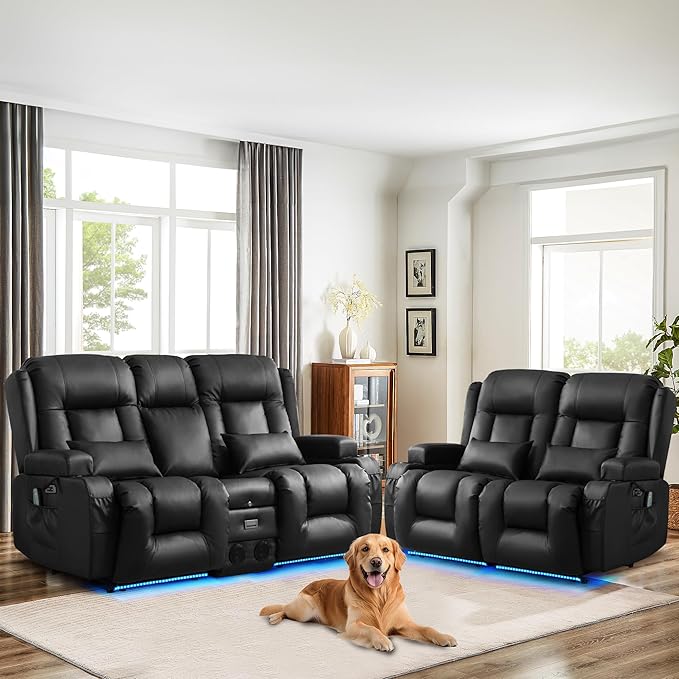 TUNYI Power Loveseat Recliner Sofa Faux Leather Reclining Sofa with Console RV Reclining Loveseat Couch with USB/Outlet/Storage/Side Pocket/LED Light/Speaker (Black Loveseat)