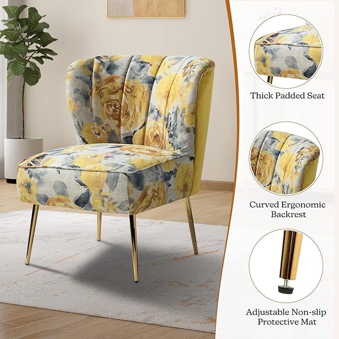 Tina's Home Accent Chair with Golden Legs Comfy Tufted Wingback Living Room Chair Floral Fabric Small Armless Side Chair Upholstered Slipper Chair for Bedroom Reading Room (Flower Print Yellow)