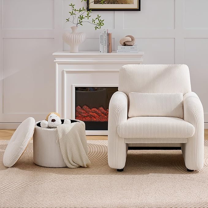 Corduroy Storage Ottoman with Flip-Top Tray Modern Upholstered Ottoman Coffee Table Dual Leg Options Ottoman Footrest for Living Room Bedroom Office White
