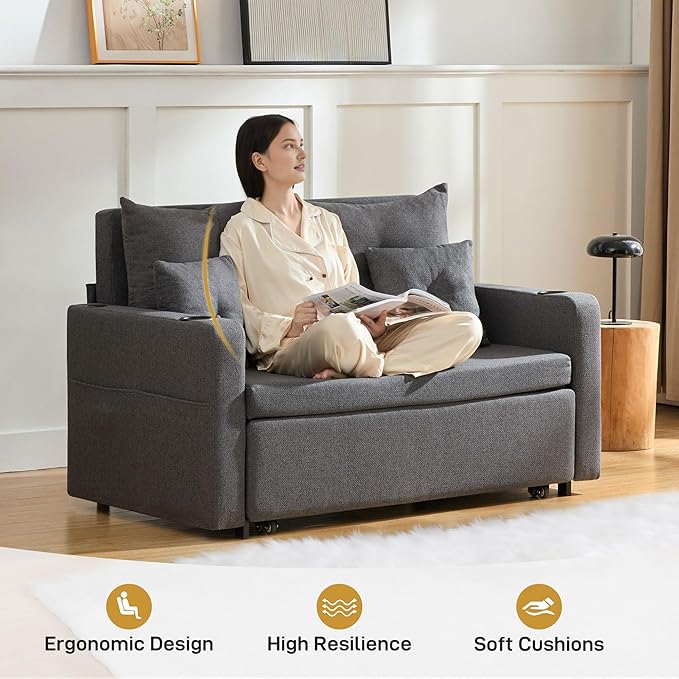 3 in 1 Convertible Sofa Bed 56 Full Size Loveseat Sleeper Sofa Couch Bed Sleeper Sofa Bed with Storage Pocket USB Comfy Pull Out Sofa Bed for Living Room Bedroom Small Space Dark Grey