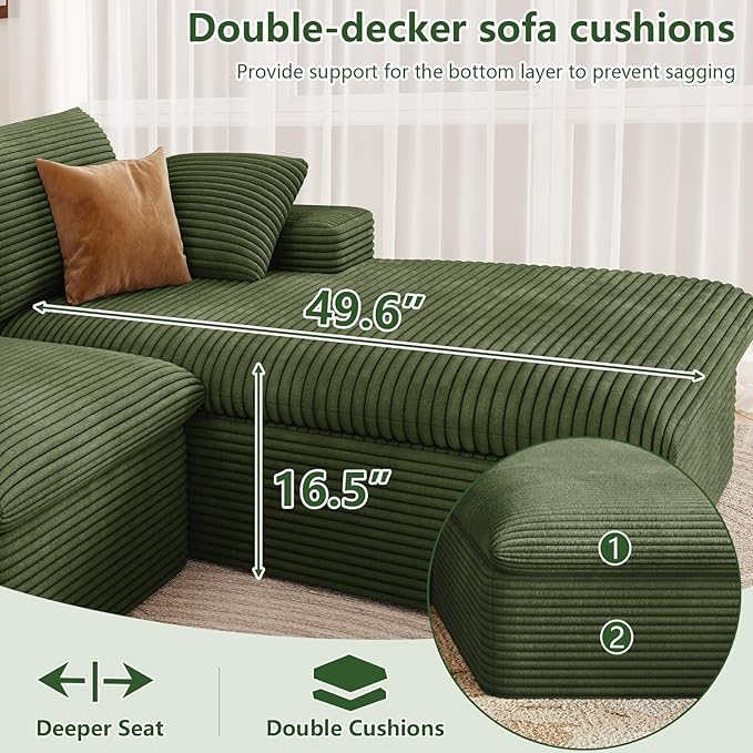 107 Cloud Couch Modular Sectional Sofa for Living Room L-Shape Boneless Couch with Deep Seat Modern Corduroy 3-Seater No Assembly Required (GreenRight-Facing Chaise)