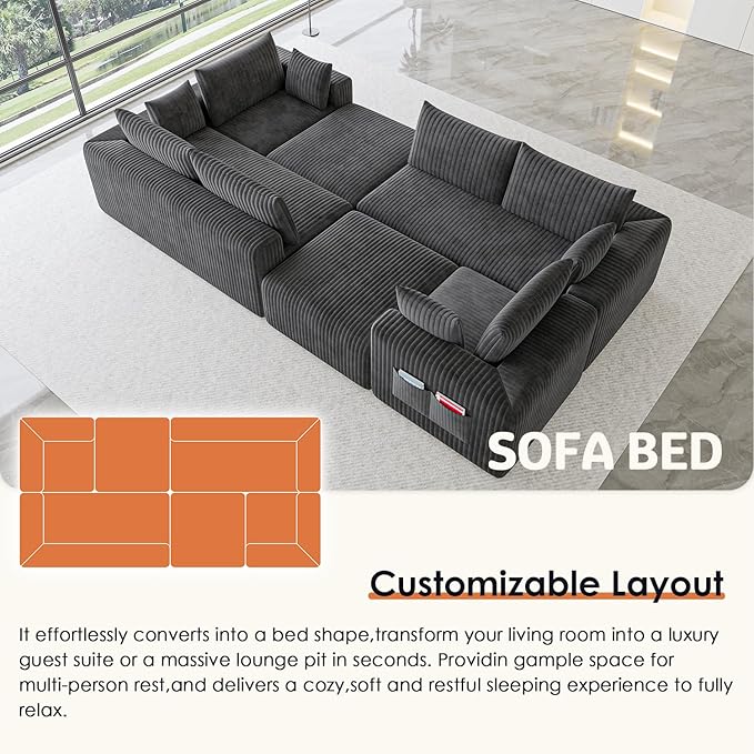 146 Oversized Boneless Couch Modular Sectional Couches for Living Room U-Shaped Deep Seat Chaise with Side Pockets No Assembly Required Plush Corduroy Fabric Sleeper Sofa Dark Gray