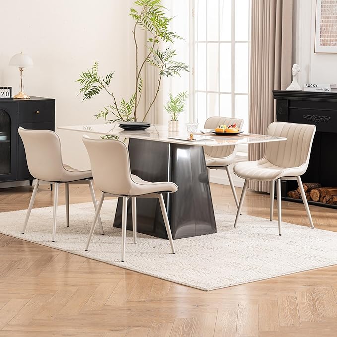 YOUNUOKE Mid-Century Modern Dining Chairs Set of 2 Cream PU Leather Upholstered Kitchen Chairs with Cream Metal Legs Armless Accent Chair for Dining Room Guest Reception Room