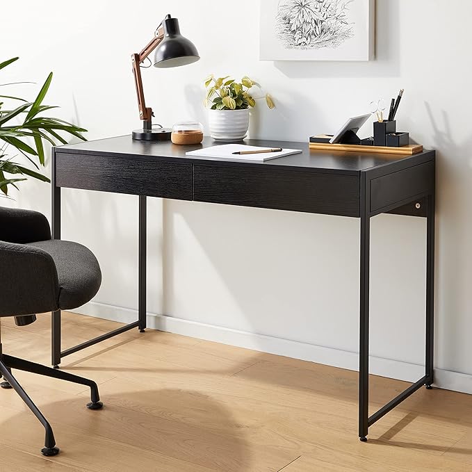Tangkula Computer Desk with 2 Drawers Simple Wooden Study Writing Desk with Steel Frame 44 Inches Laptop PC Workstation Student Desk Home Office Desk Ideal for Bedroom &amp Office (Black)